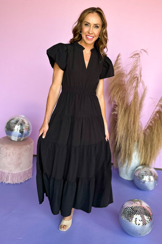 Load image into Gallery viewer, Black Split Neck Puff Short Sleeve Tiered Midi Dress, sophisticated style, midi dress, mom style, elevated style, must have, shop style your senses by mallory fitzsimmons
