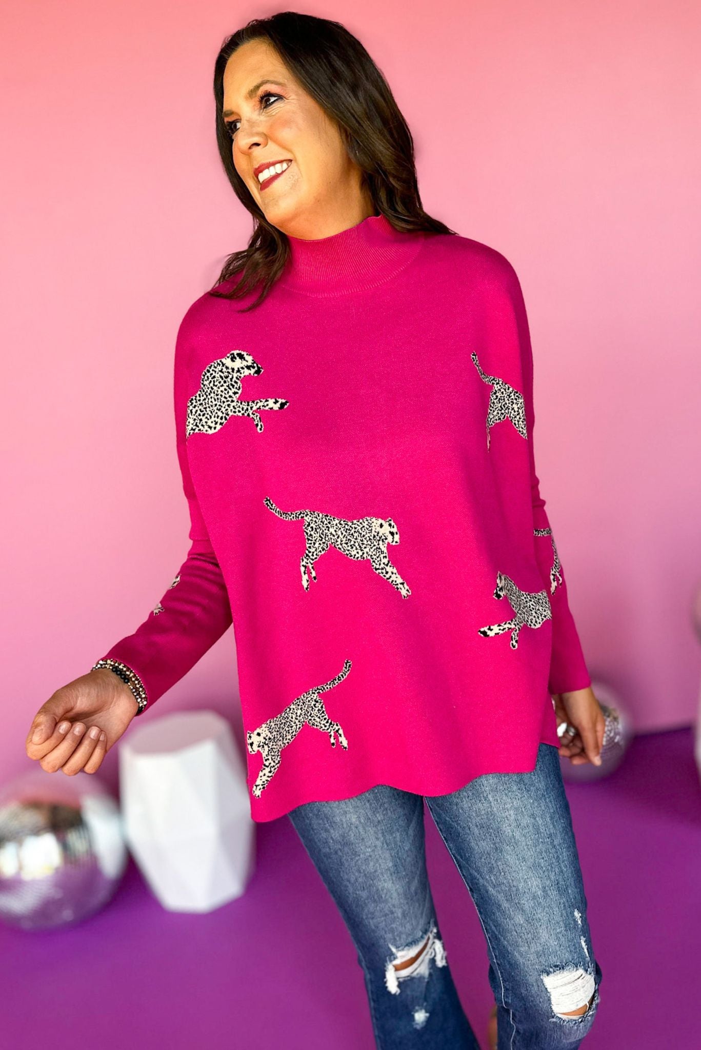 Load image into Gallery viewer, Hot Pink Mock Neck Side Slit Animal Sweater, elevated sweater, elevated stye, must have sweater, must have style, printed sweater, fall sweater, fall fashion, mom style, shop style your senses by mallory fitzsimmons
