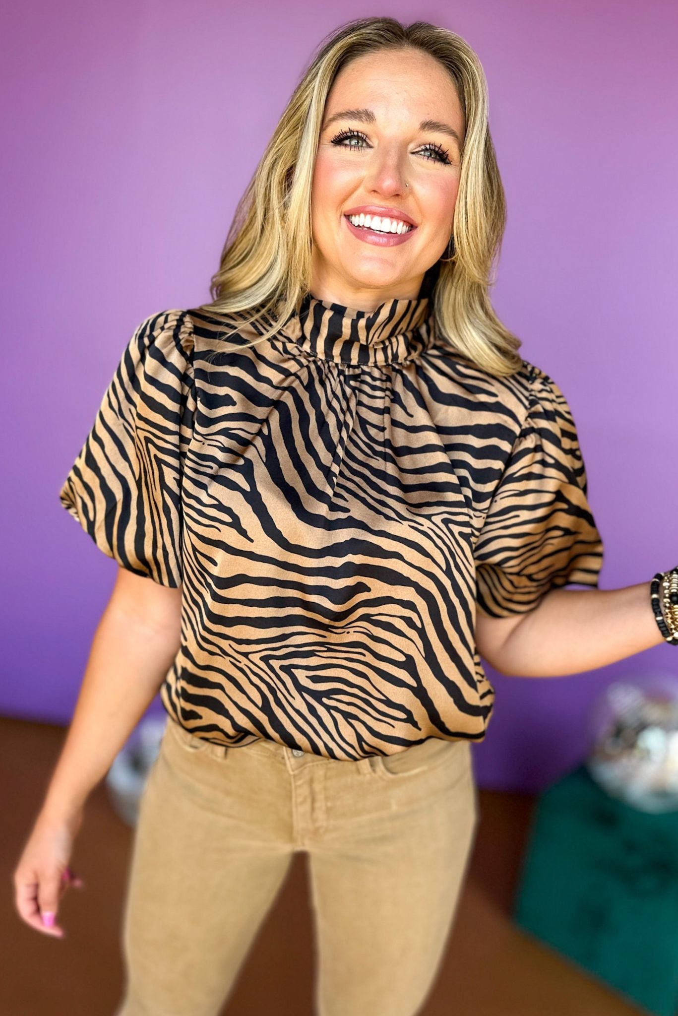 Brown Animal Printed Bubble Sleeve High Neck Top, elevated top, must have top, must have print, fall print, fall style, fall top, animal print, mom style, office style, shop style your senses by mallory fitzsimmons