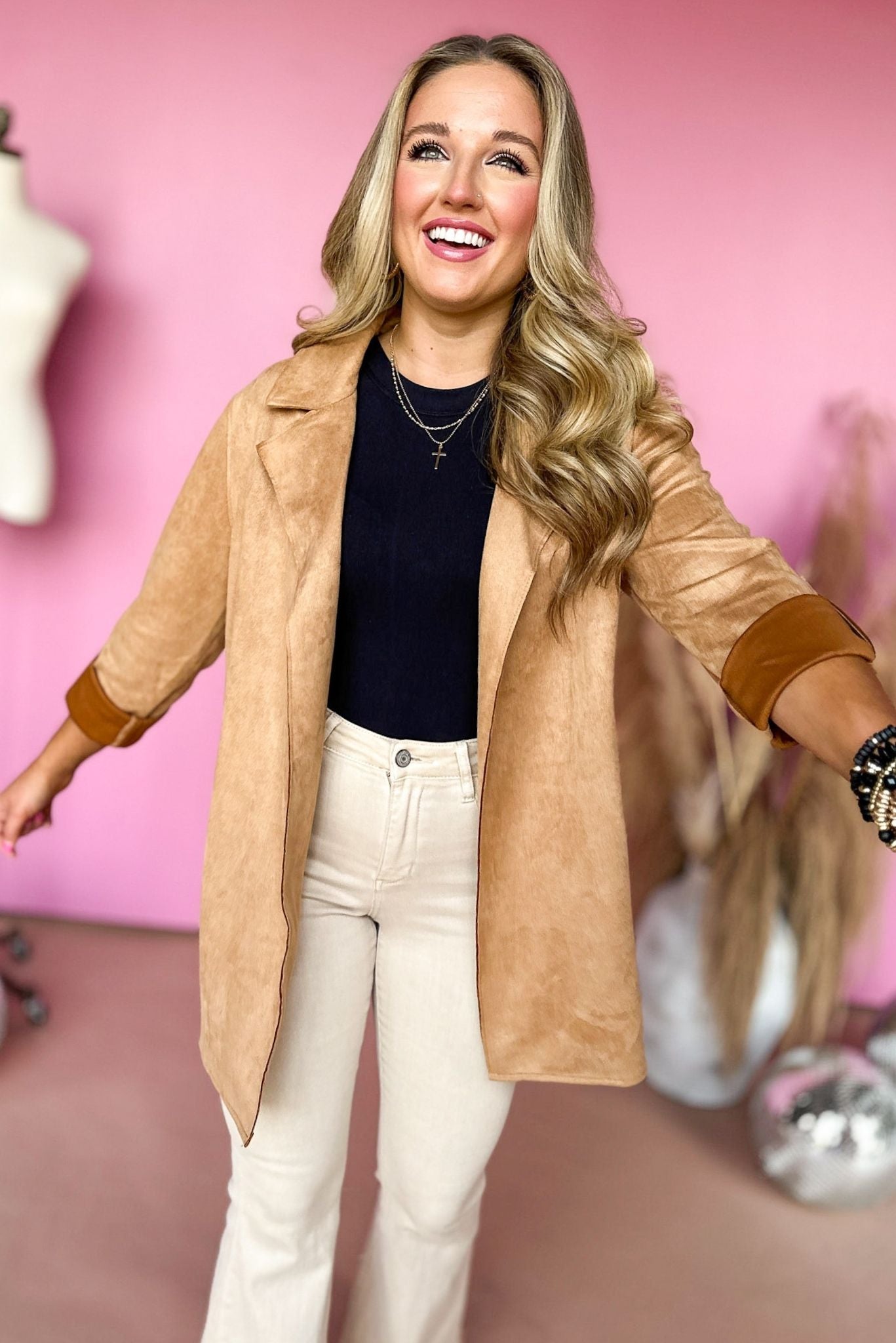 Load image into Gallery viewer, Camel Faux Suede Lapel Detail Jacket, elevated style, elevated jacket, faux suede jacket, must have style, must have fall, fall style, fall jacket, shop style your senses by mallory fitzsimmons
