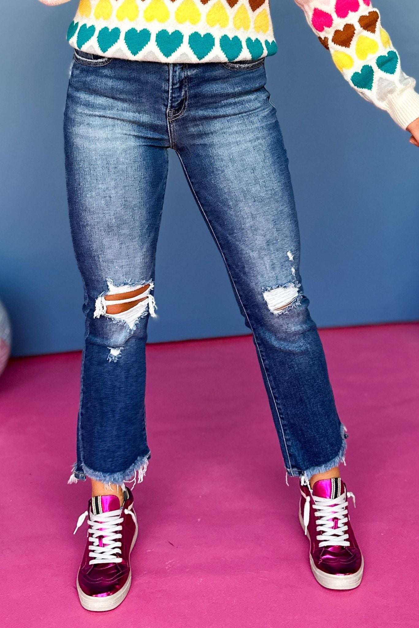 Load image into Gallery viewer, Risen Dark Wash High Rise Distressed Cropped Flare Jeans, elevated style, must have jeans, must have style, everyday jeans, distressed jeans, elevated style, mom style, shop style your senses by mallory fitzsimmons
