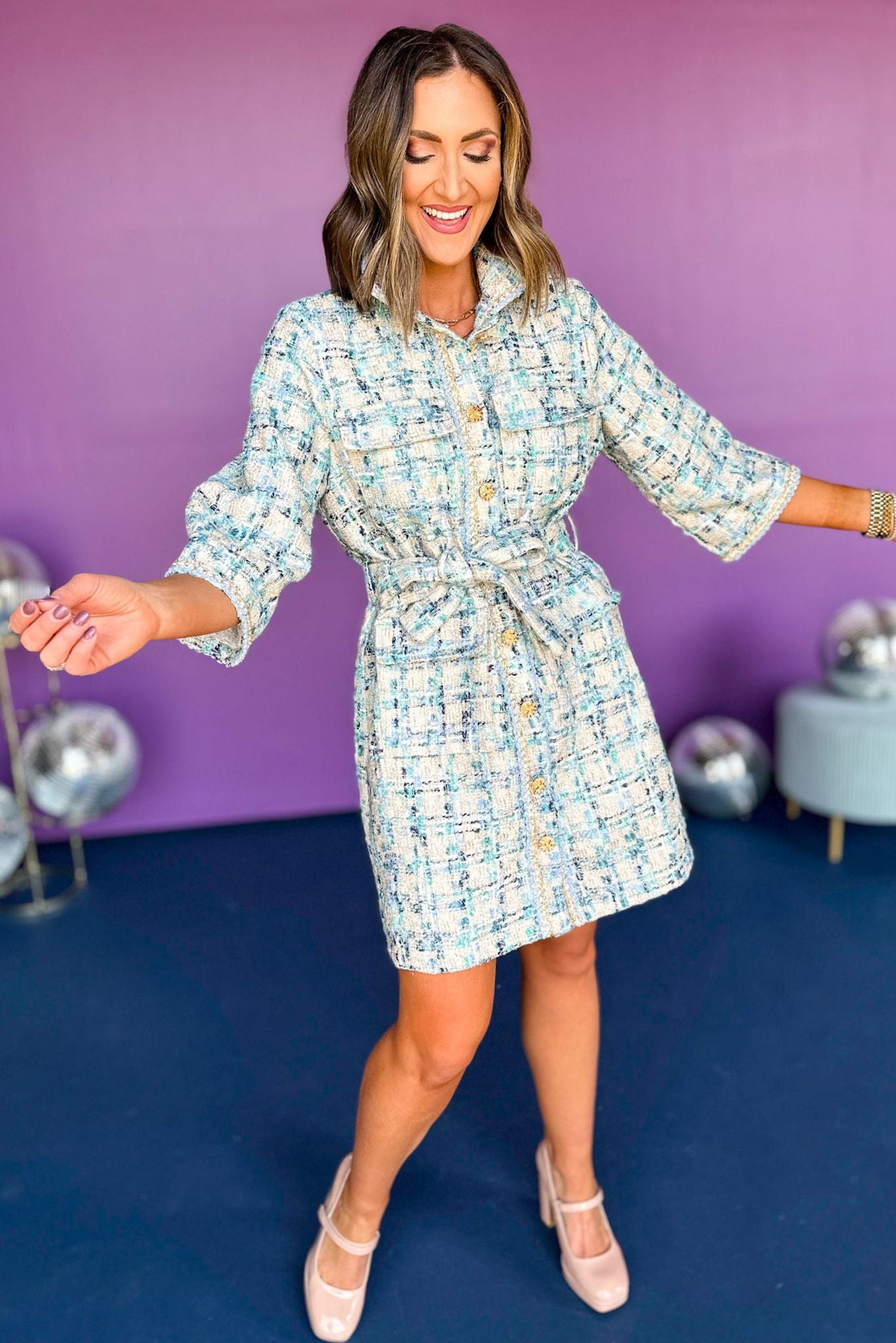 Load image into Gallery viewer, Blue Tweed Button Front Tie Waist Collared Dress, elevated look, elevated dress, must have dress, must have look, tweed dress, preppy look, fall style, fall dress, mom style, church dress, church style, shop style your senses by mallory fitzsimmons
