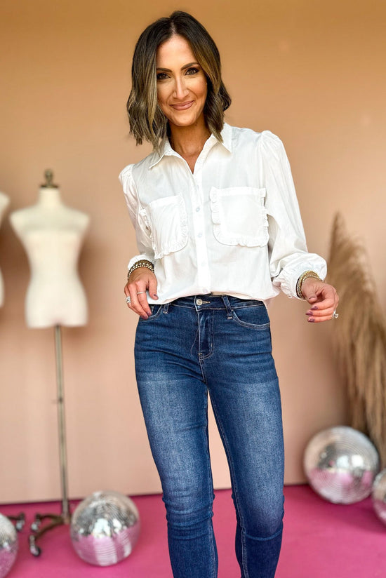 Load image into Gallery viewer, white frilled pocket button front top, fall staple, elevated basic, layering piece, work to weekend, easy to wear, shop style your senses by mallory fitzsimmons
