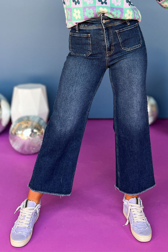 Load image into Gallery viewer, Mica Dark Wash Cropped Wide Leg Jeans, wide leg jeans, fall jeans, trendy, must have, front pockets, fall style, shop style your senses by mallory fitzsimmons
