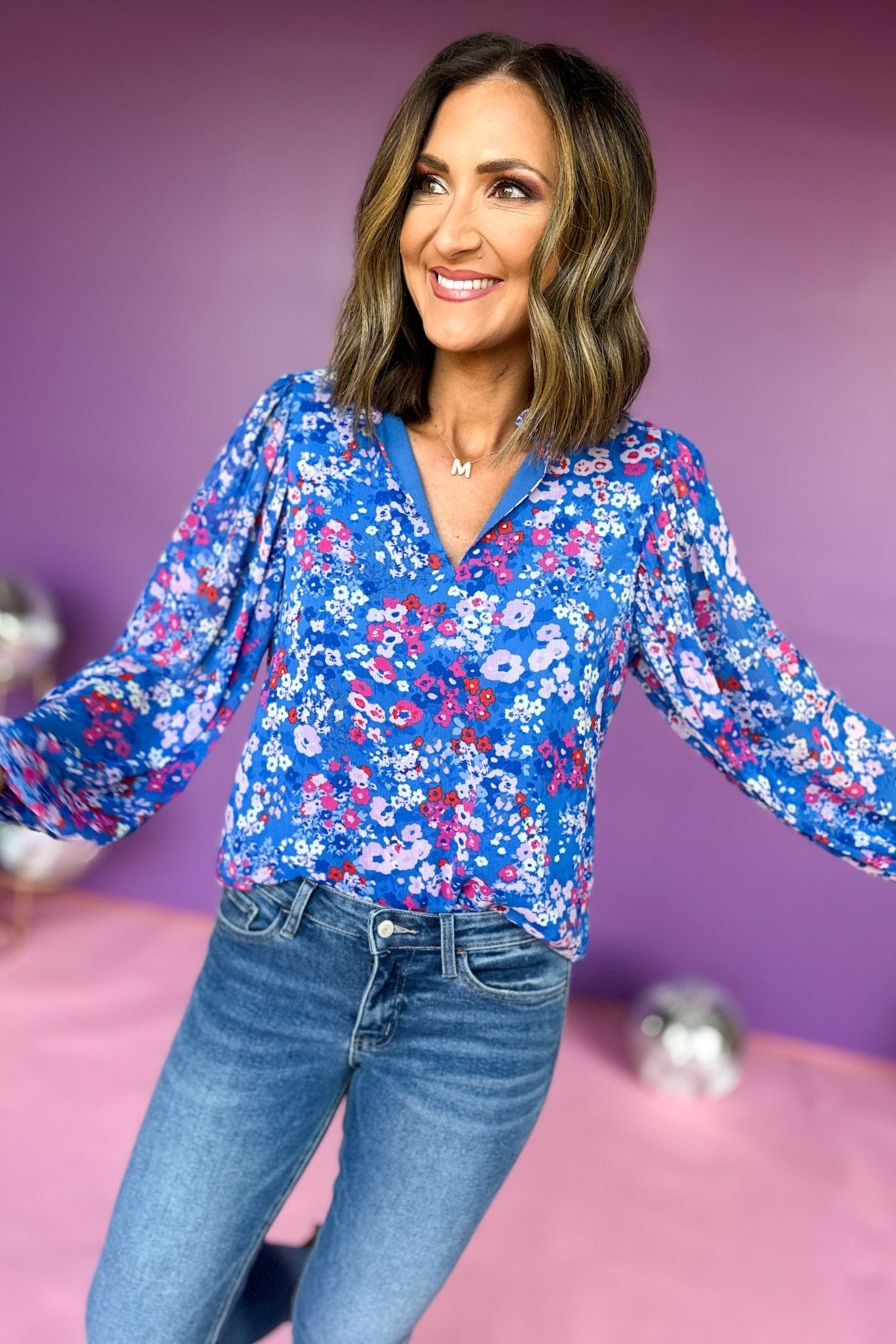 Blue Floral Printed Split Neck Long Sleeve Top, elevated style, elevated top, floral top, fall style, fall top, mom style, fun mom style, must have style, must have print, must have top, shop style your senses by mallory fitzsimmons