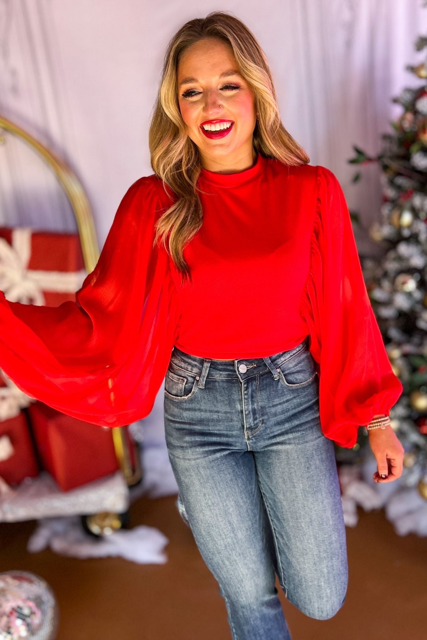  Red Long Puff Sleeve Woven Top, must have top, must have style, must have holiday, holiday collection, holiday fashion, elevated style, elevated top, mom style, holiday style, shop style your senses by mallory fitzsimmons