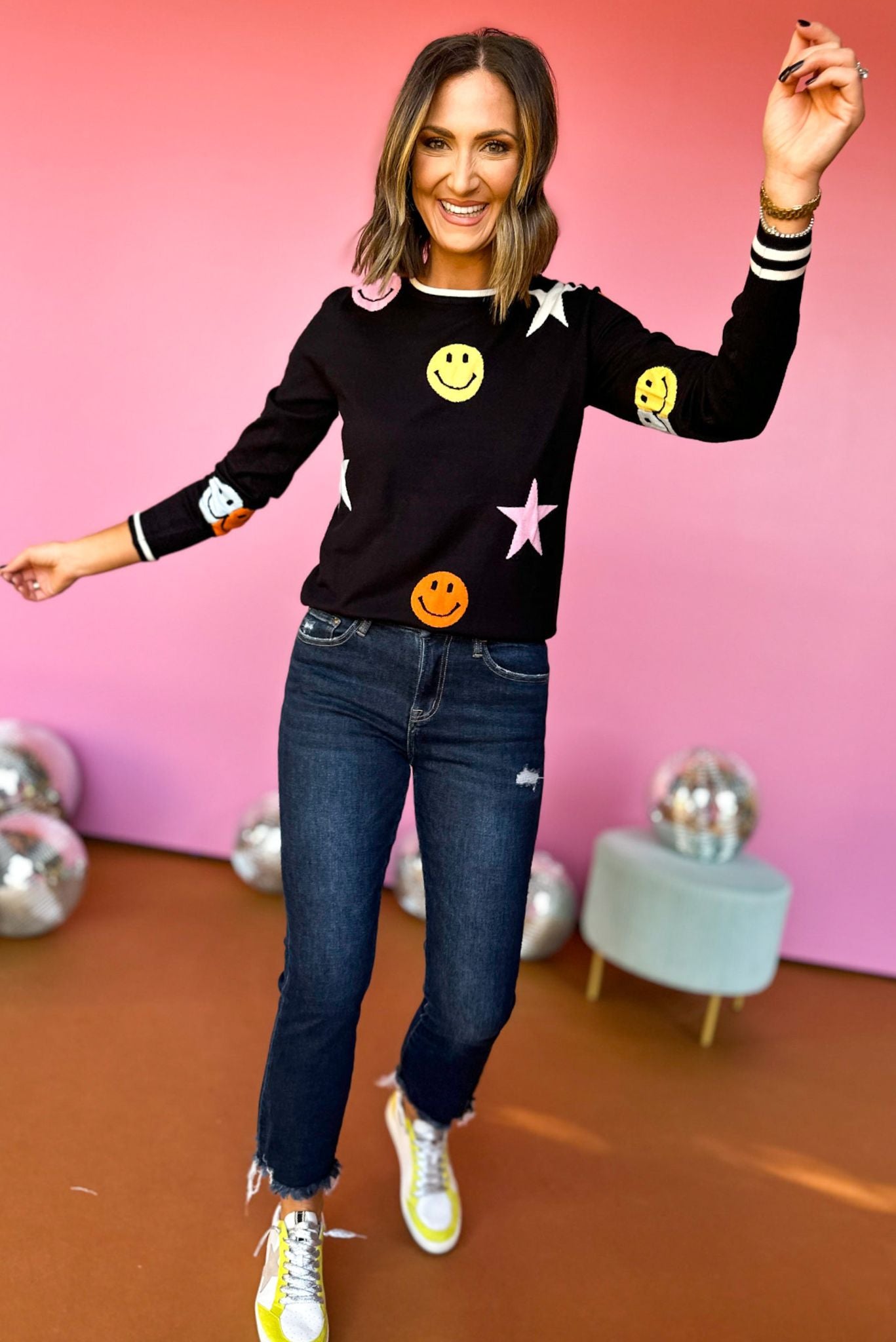 THML Black Star And Smiley Face Sweater, must have top, must have style, must have fall, fall collection, fall fashion, elevated style, elevated top, mom style, fall style, THML, THML sweater, shop style your senses by mallory fitzsimmons
