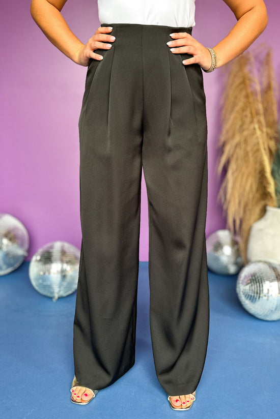 Load image into Gallery viewer, Black Satin High Rise Pleated Wide Leg Pants
