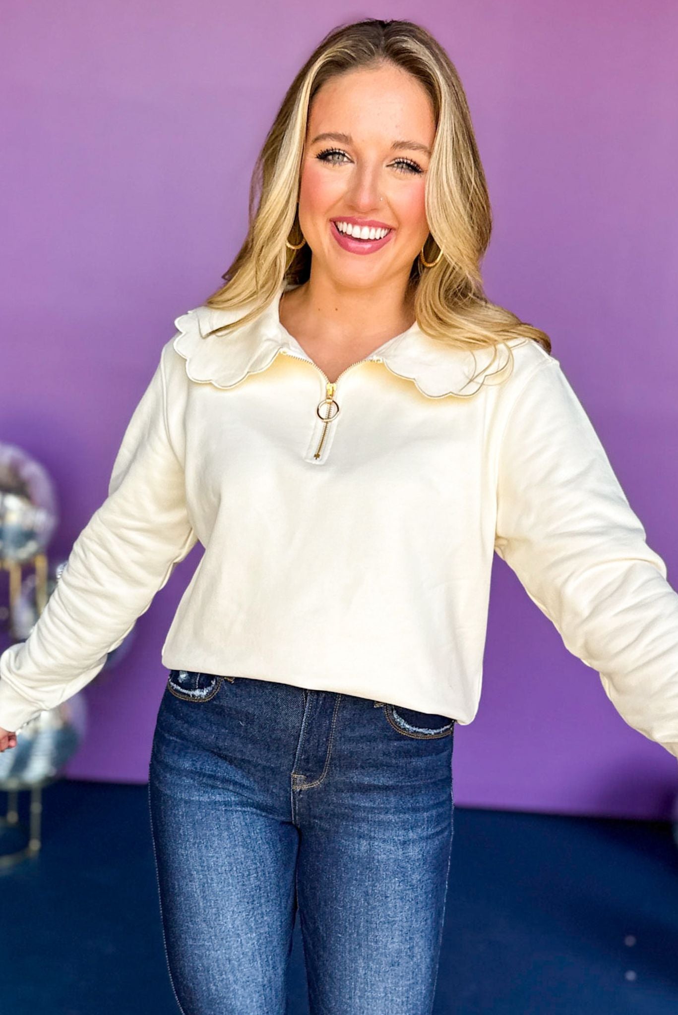 SSYS The Lucy Pullover In Ivory, elevated top, elevated style, must have top, must have style, must have fall, fall style, fall look, mom style, scallop detail, ssys the label, shop style your senses by mallory fitzsimmons