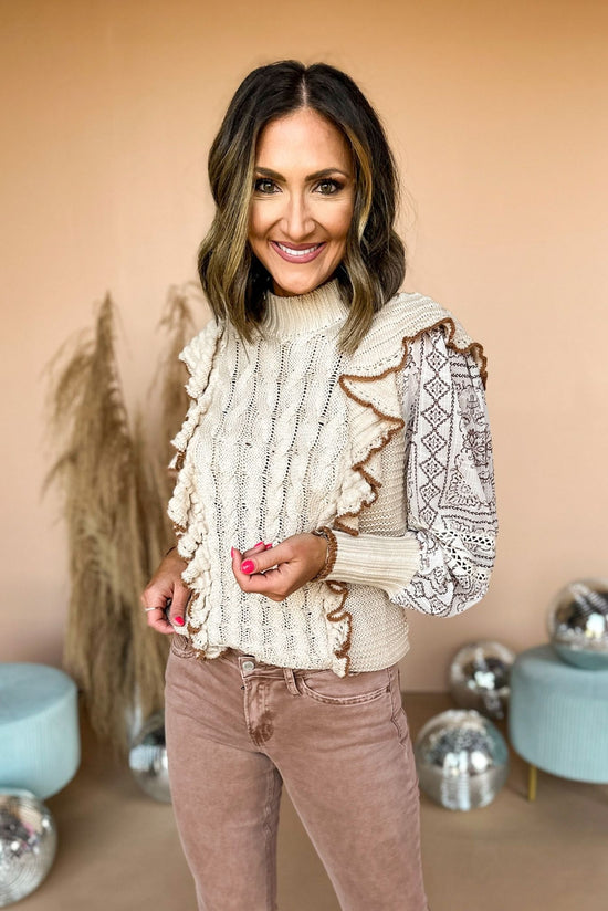  Taupe Ruffle Front Lace Detail Sweater Top, fall top, sweater top, must have fall, must have top, fall style, mom style, elevated style, lace detail top, shop style your senses by mallory fitzsimmons