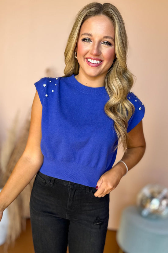  Cobalt Blue Embellished Shoulder Sleeveless Top, must have top, must have style, must have fall, fall collection, fall fashion, elevated style, elevated top, mom style, fall style, shop style your senses by mallory fitzsimmons