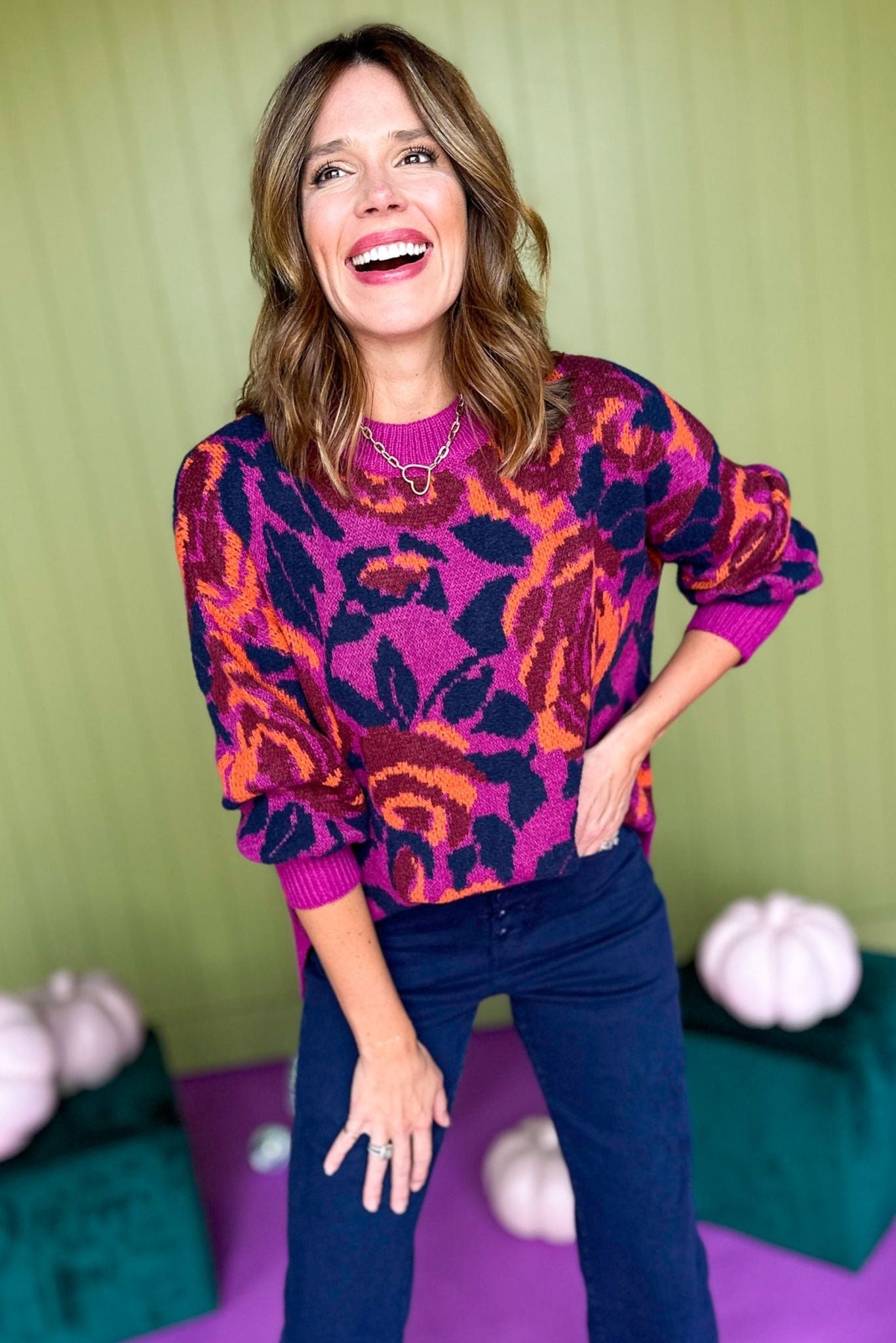 Magenta Floral Printed Split Hem Sweater, must have top, must have style, must have fall, fall collection, fall fashion, elevated style, elevated top, mom style, fall style, shop style your senses by mallory fitzsimmons