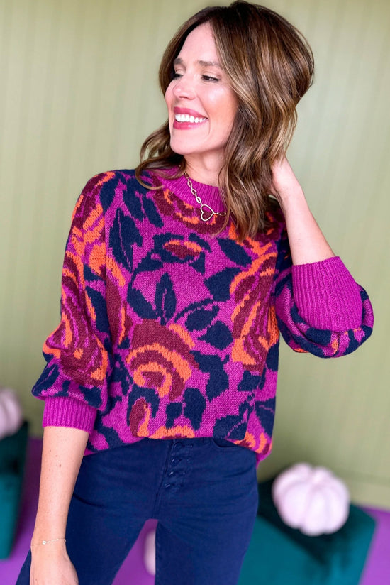 Magenta Floral Printed Split Hem Sweater, must have top, must have style, must have fall, fall collection, fall fashion, elevated style, elevated top, mom style, fall style, shop style your senses by mallory fitzsimmons