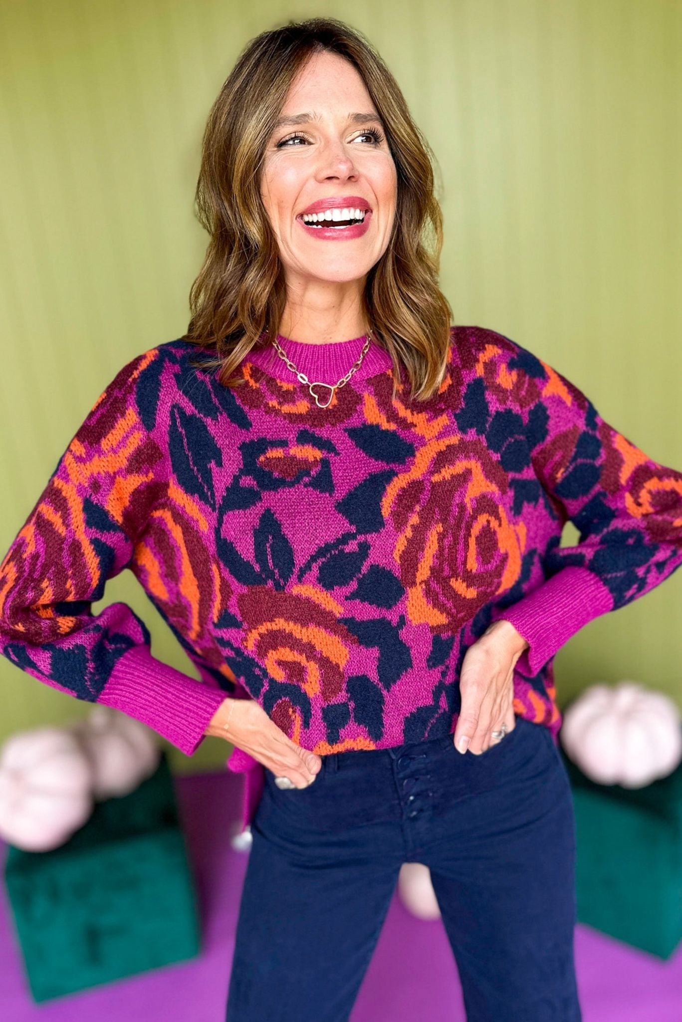 Load image into Gallery viewer,  Magenta Floral Printed Split Hem Sweater, must have top, must have style, must have fall, fall collection, fall fashion, elevated style, elevated top, mom style, fall style, shop style your senses by mallory fitzsimmons

