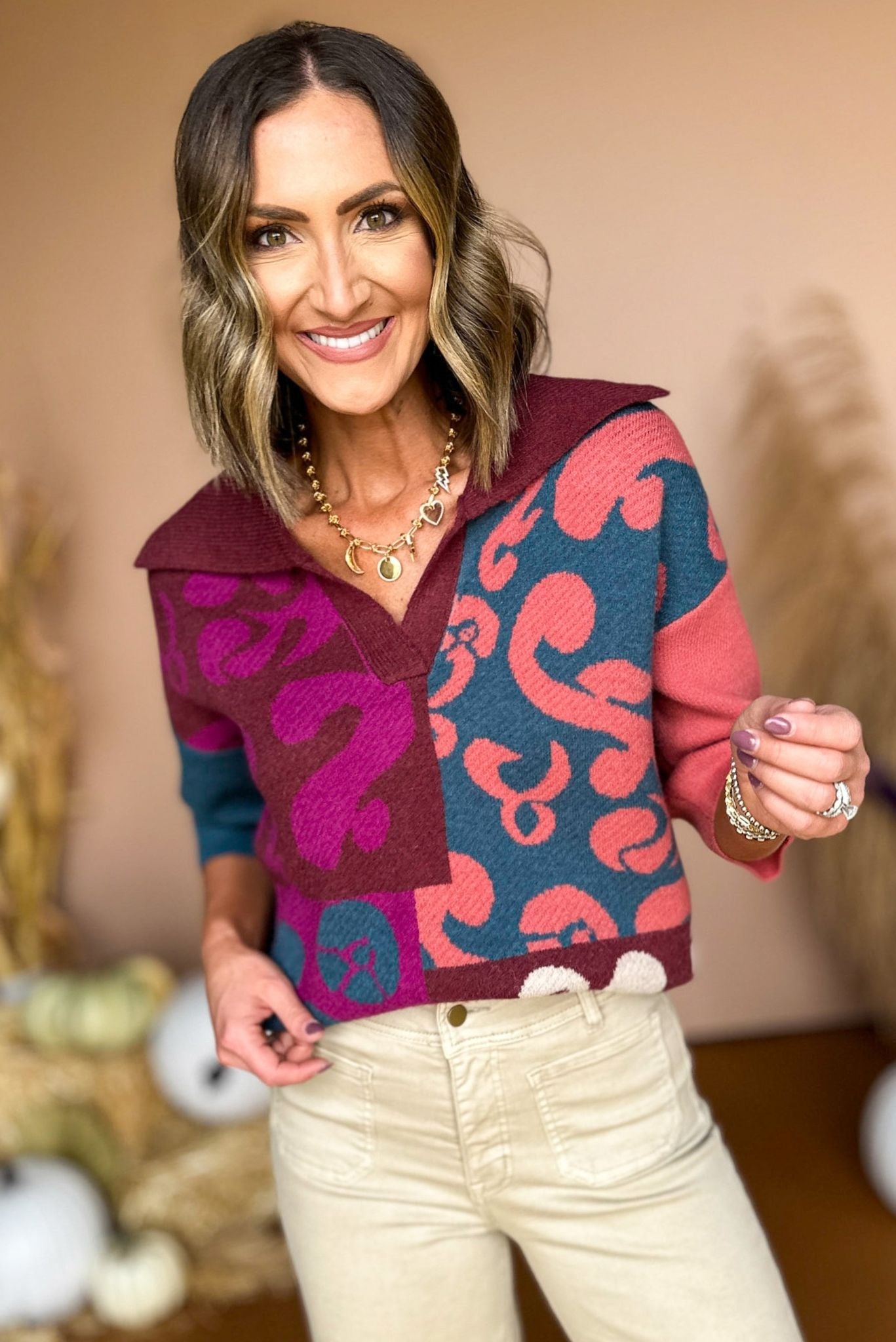 Load image into Gallery viewer, Magenta Colorblock Collared V Neck Three Quarter Sleeve Top, must have top, must have style, must have fall, fall collection, fall fashion, elevated style, elevated top, mom style, fall style, shop style your senses by mallory fitzsimmons
