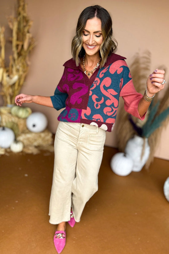 Load image into Gallery viewer, Magenta Colorblock Collared V Neck Three Quarter Sleeve Top, must have top, must have style, must have fall, fall collection, fall fashion, elevated style, elevated top, mom style, fall style, shop style your senses by mallory fitzsimmons
