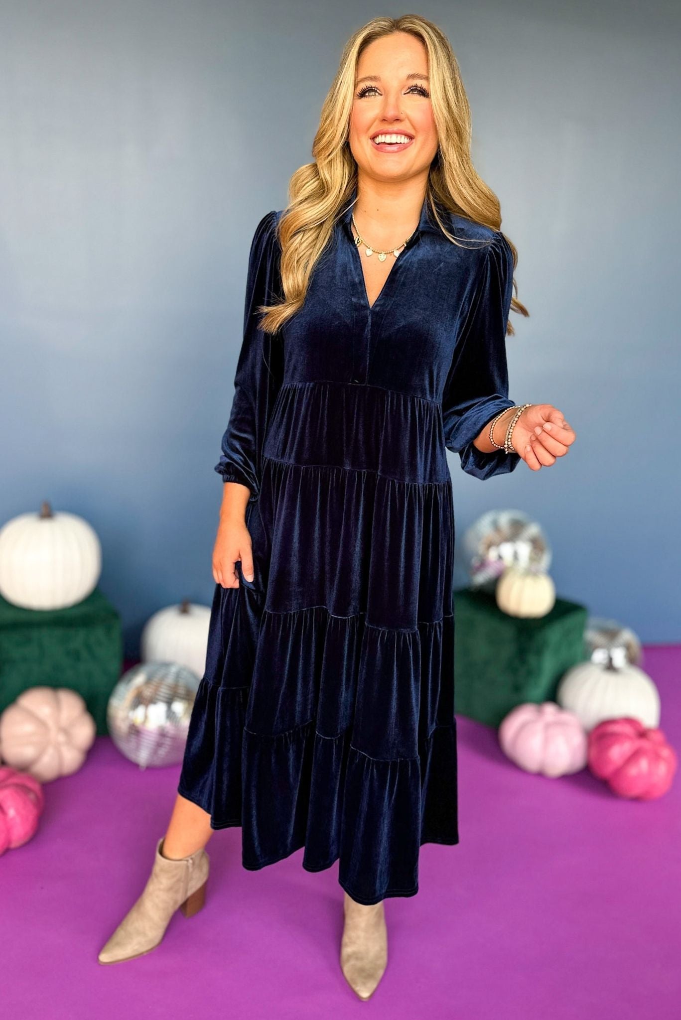 SSYS The Lillian Dress In Navy Velvet, elevated style, elevated dress, velvet dress, SSYS the label, must have dress, must have style, fall fashion, fall style, fall dresss, mom style, shop style your senses by mallory fitzsimmons