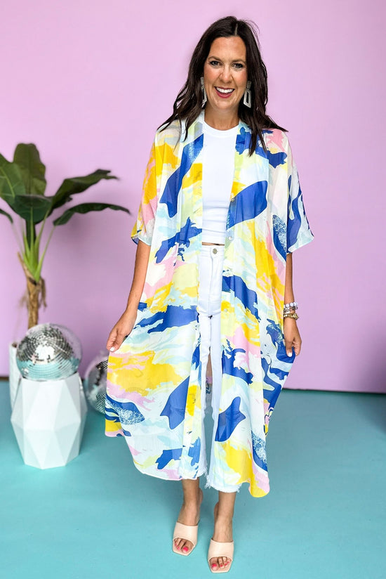 Load image into Gallery viewer,  Royal Blue Abstract Printed Button Front Duster Kimono, Printed Kimono, Summer Style, Mom Style, Shop Style Your Senses by Mallory Fitzsimmons
