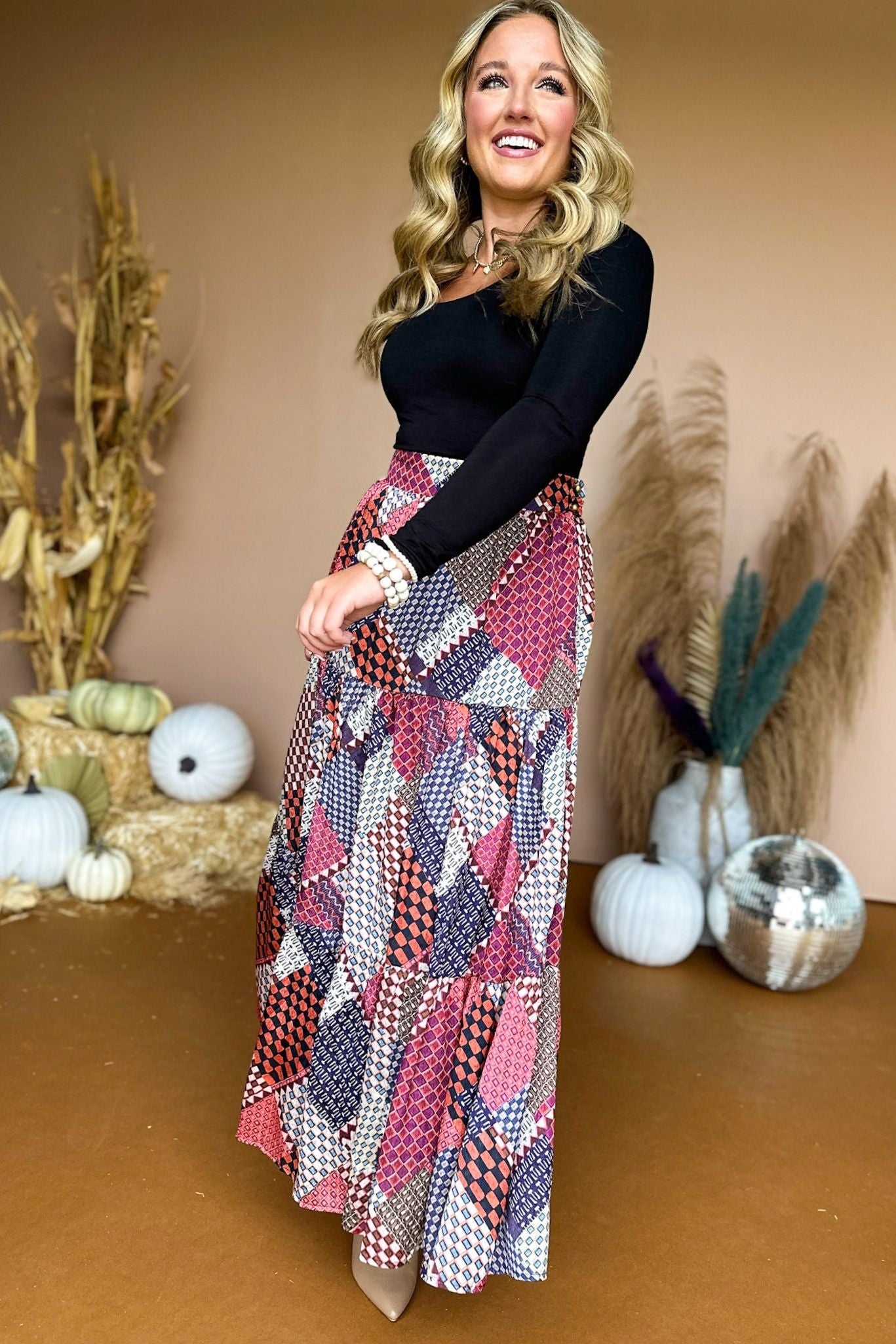 Rust Patchwork Printed Tiered Maxi Skirt, must have skirt, must have style, elevated style, elevated skirt, fall style, fall fashion, fall skirt, mom style, fall collection, shop style your senses by mallory fitzsimmons