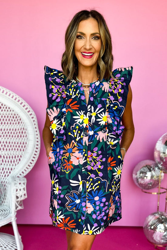 Navy Floral Printed Split Neck Flutter Sleeve Dress, Printed Dress, Flutter Sleeves, Floral Dress, Summer Dress, Mom Style, Summer Style, Shop Style Your Senses by Mallory Fitzsimmons