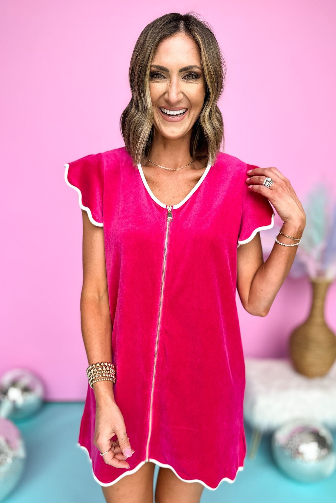 Load image into Gallery viewer, SSYS Hot Pink Get Ready Robe™, scallop sleeve, ruffle sleeve, everyday wear, gold zipper, mom style, white trim, robe, shop style your senses by mallory fitzsimmons
