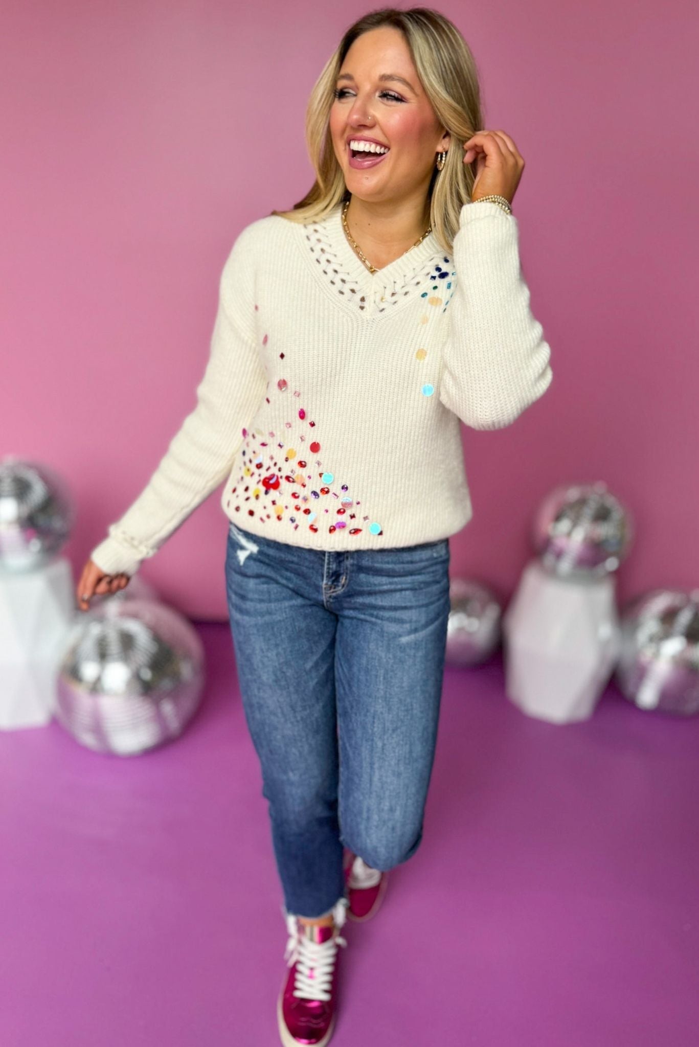Cream Jewel Embellished V Neck Sweater, must have sweater, must have style, fall style, fall fashion, elevated style, elevated dress, mom style, fall collection, fall sweater, shop style your senses by mallory fitzsimmons
