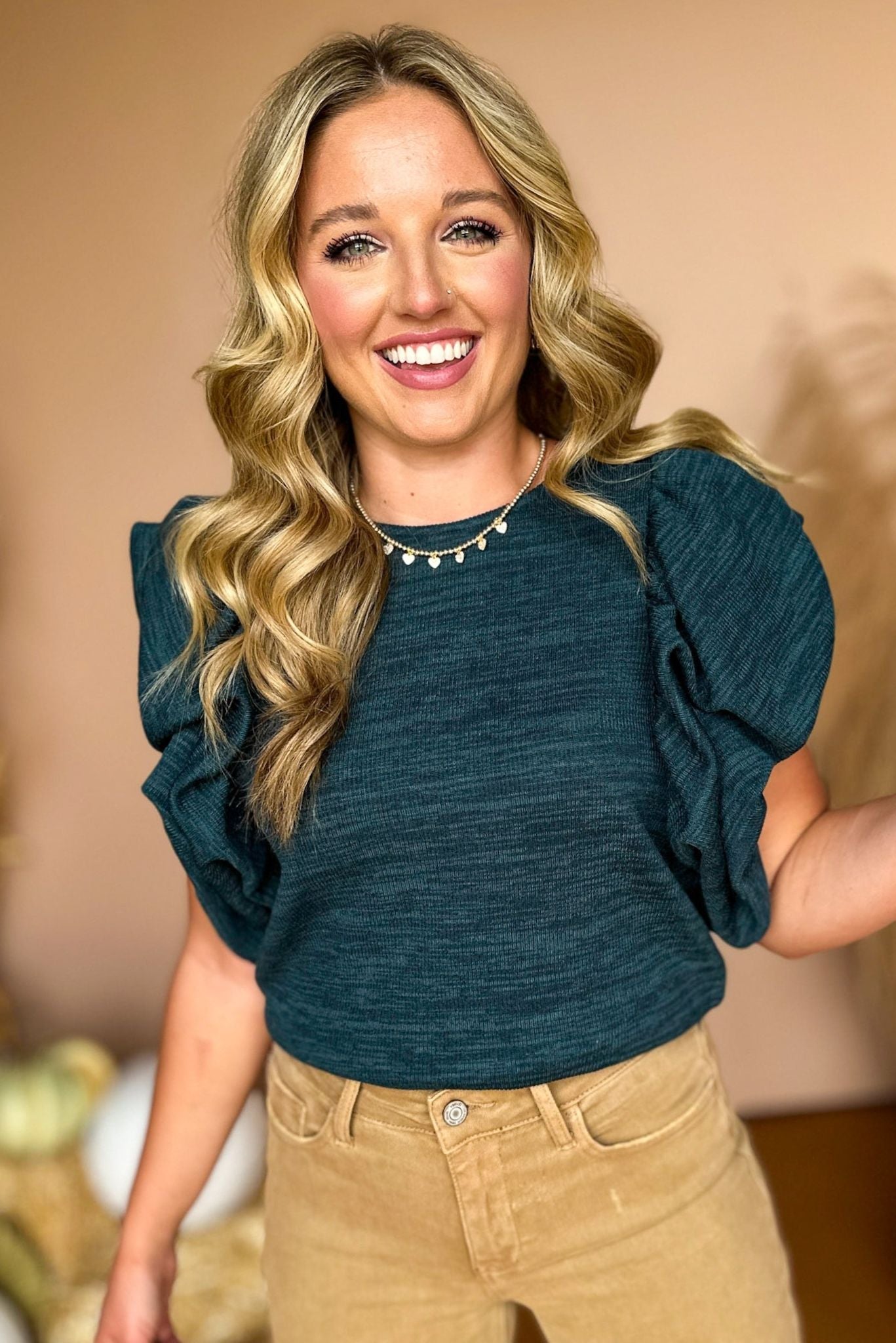  THML Teal Ruffled Puffed Short Sleeve Knit Top, must have top, must have style, must have fall, fall collection, fall fashion, elevated style, elevated top, mom style, fall style, shop style your senses by mallory fitzsimmons