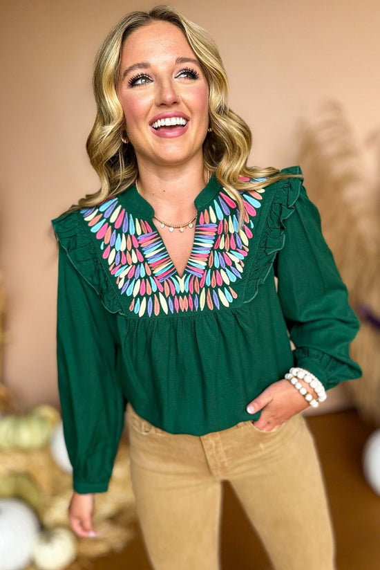 Green Split Neck Embroidered Long Sleeve Top, must have top, must have style, must have fall, fall collection, fall fashion, elevated style, elevated top, mom style, fall style, shop style your senses by mallory fitzsimmons