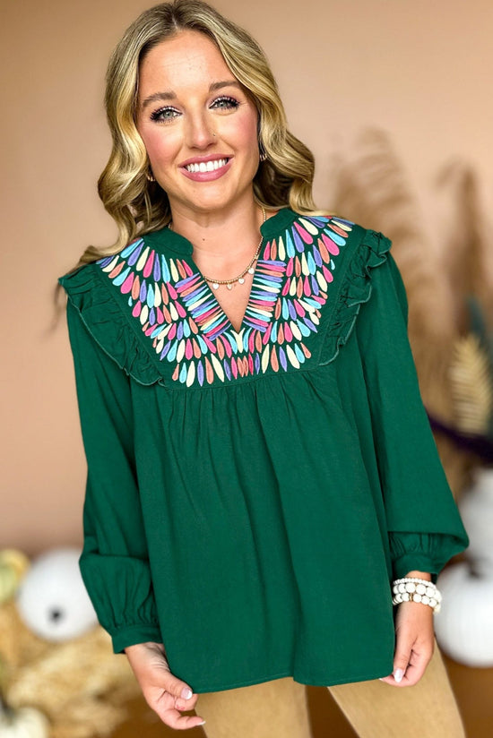 Load image into Gallery viewer, Green Split Neck Embroidered Long Sleeve Top, must have top, must have style, must have fall, fall collection, fall fashion, elevated style, elevated top, mom style, fall style, shop style your senses by mallory fitzsimmons

