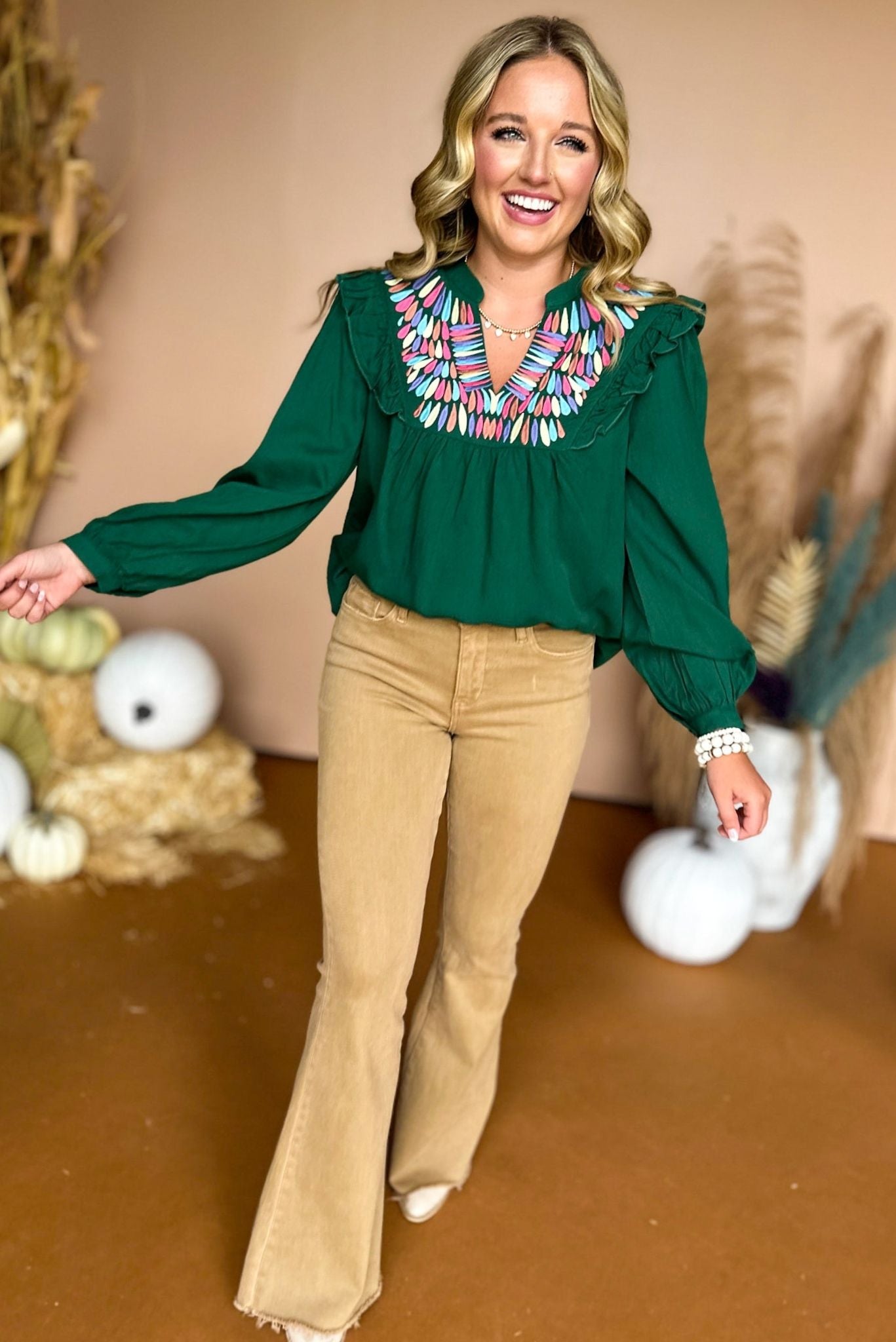 Load image into Gallery viewer, Green Split Neck Embroidered Long Sleeve Top, must have top, must have style, must have fall, fall collection, fall fashion, elevated style, elevated top, mom style, fall style, shop style your senses by mallory fitzsimmons
