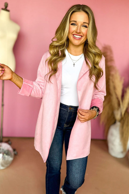 Load image into Gallery viewer, Pink Faux Suede Lapel Detail Jacket, elevated style, elevated look, must have jacket, must have style, must have fall, fall style, fall jacket, mom style, office style, shop style your senses by mallory fitzsimmons
