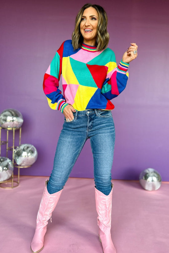Load image into Gallery viewer, Pink Geometric Printed Drop Shoulder Sweater, elevated style, elevated sweater, printed sweater, must ahev print, must have sweater, fall style, fall sweater, fun mom style, fun mom sweater, shop style your senses by mallory fitzsimmons
