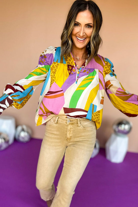 Load image into Gallery viewer, Lilac Abstract Printed Collared Long Sleeve Top, elevated top, must have top, must have print, fall style, fall print, elevated style, mom style, office top, summer to fall top, shop style your senses by mallory fitzsimmons
