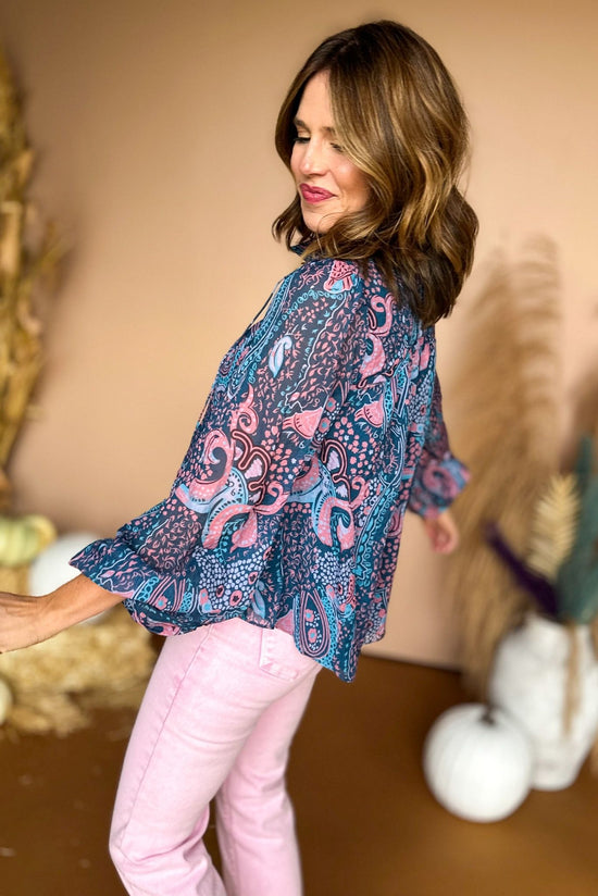 Teal Paisley Tie Neck Balloon Sleeve Top, must have top, must have style, must have fall, fall collection, fall fashion, elevated style, elevated top, mom style, fall style, shop style your senses by mallory fitzsimmons