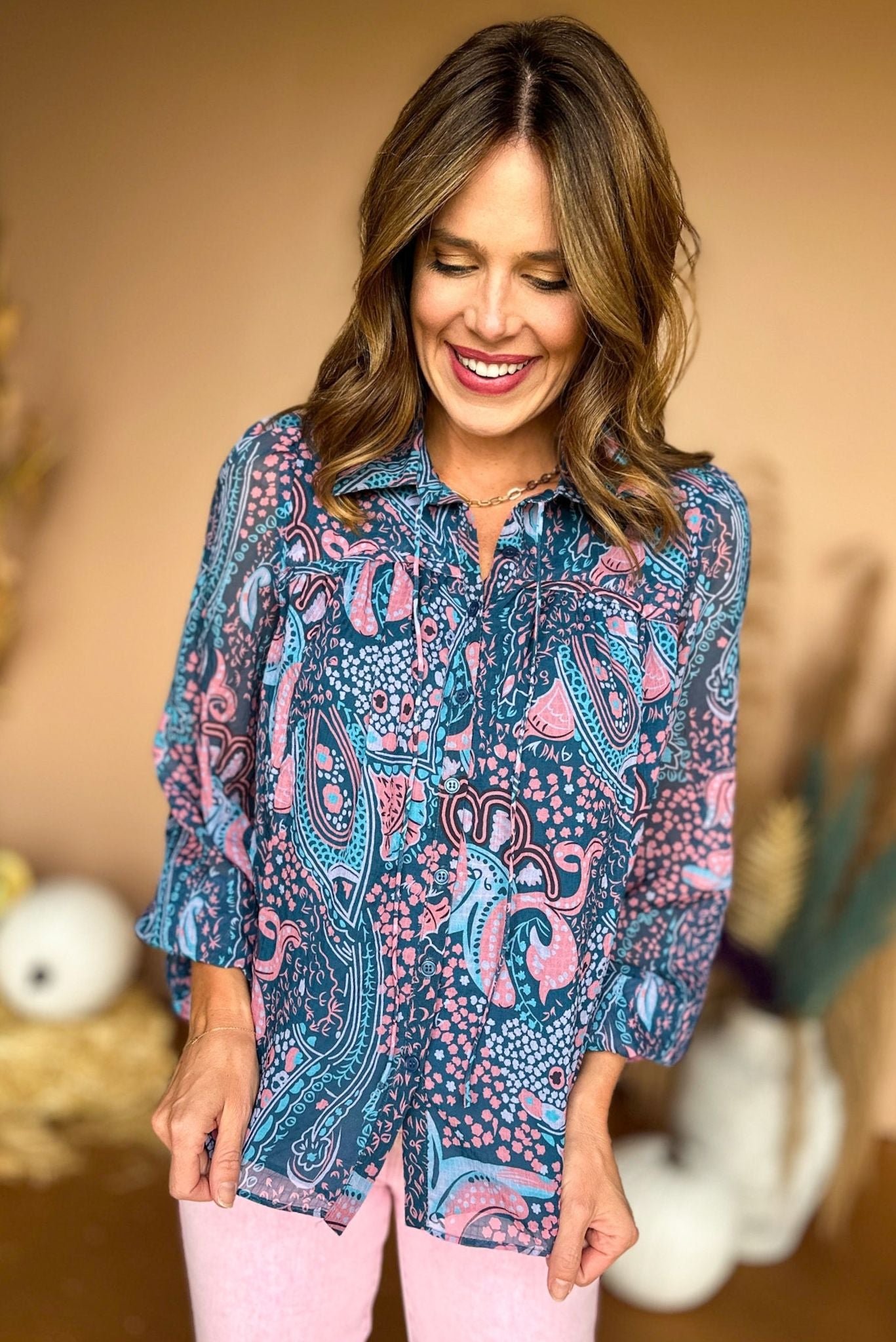 Load image into Gallery viewer, Teal Paisley Tie Neck Balloon Sleeve Top, must have top, must have style, must have fall, fall collection, fall fashion, elevated style, elevated top, mom style, fall style, shop style your senses by mallory fitzsimmons
