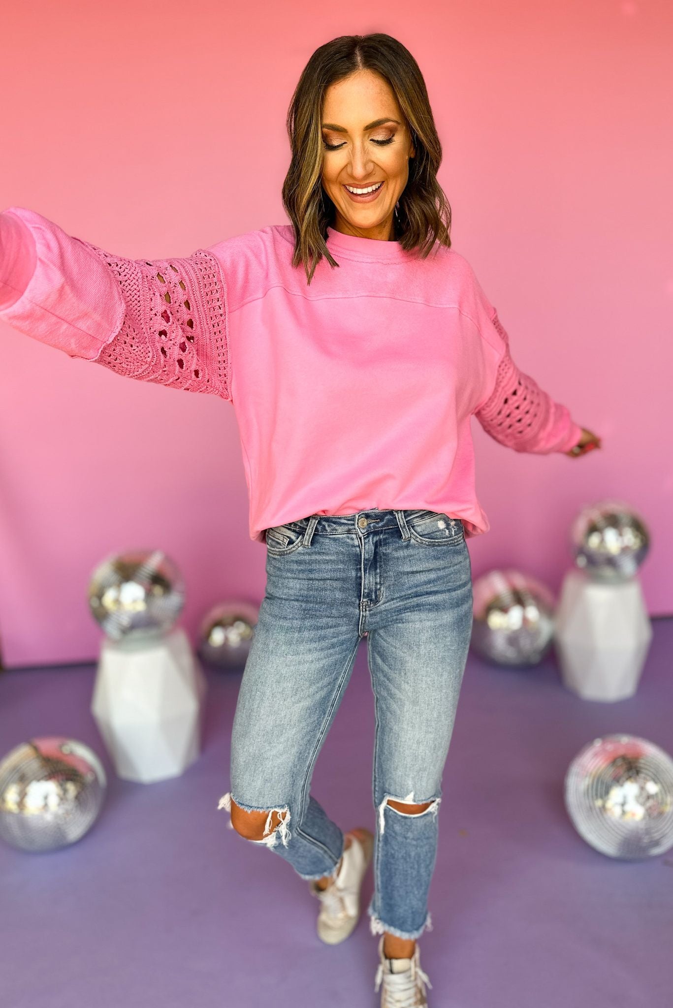 Pink Crochet Sleeve Detail Sweatshirt, pink sweatshirt, transition piece, crotchet sweatshirt, sleeve detail, mom style, elevated style, shop style your senses by mallory fitzsimmons