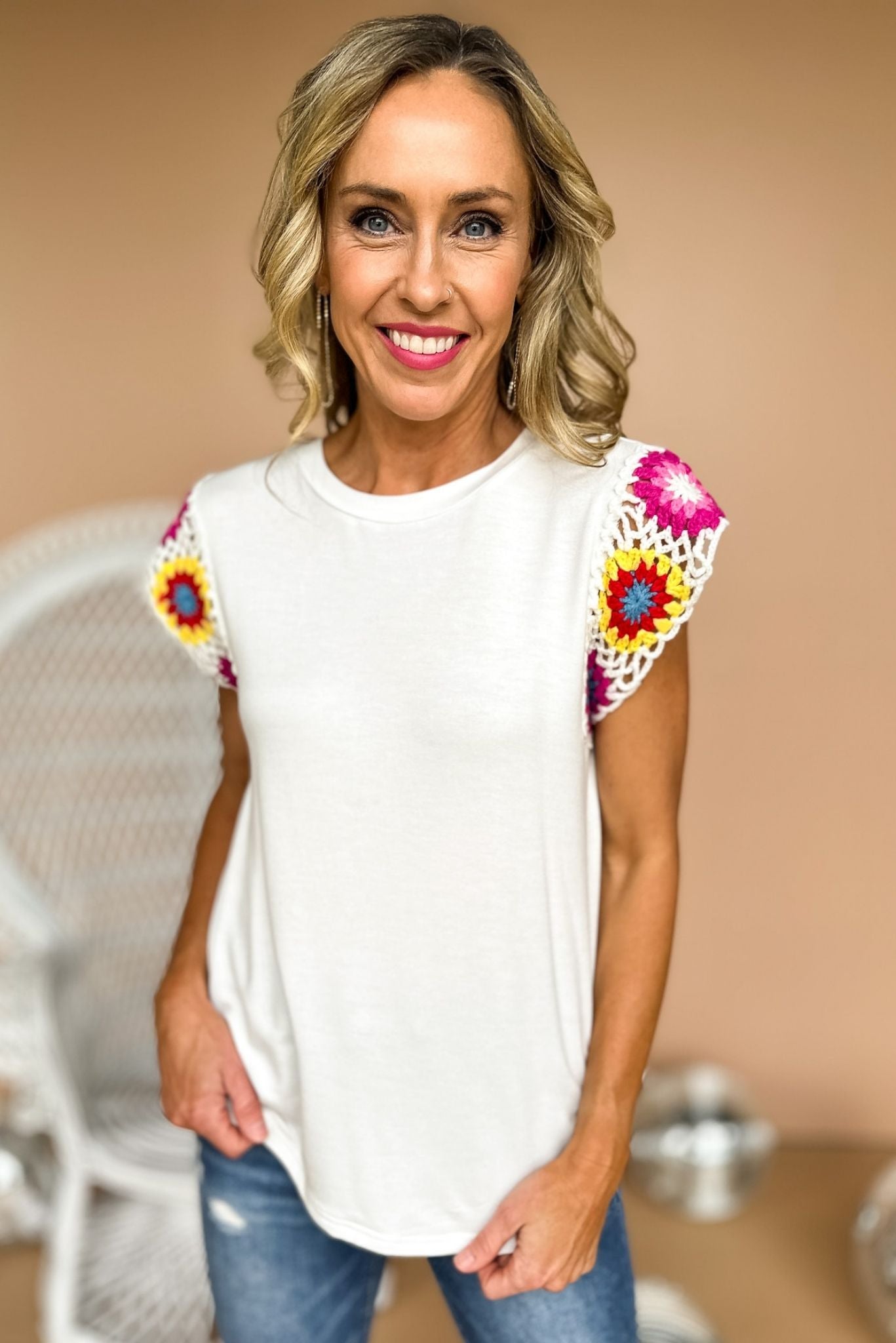 Load image into Gallery viewer, off white Embroidery Cap Sleeve Curved Hem Top, crochet sleeve, round neck, cap sleeve, summer look, must have, new arrival, shop style your senses by mallory fitzsimmons
