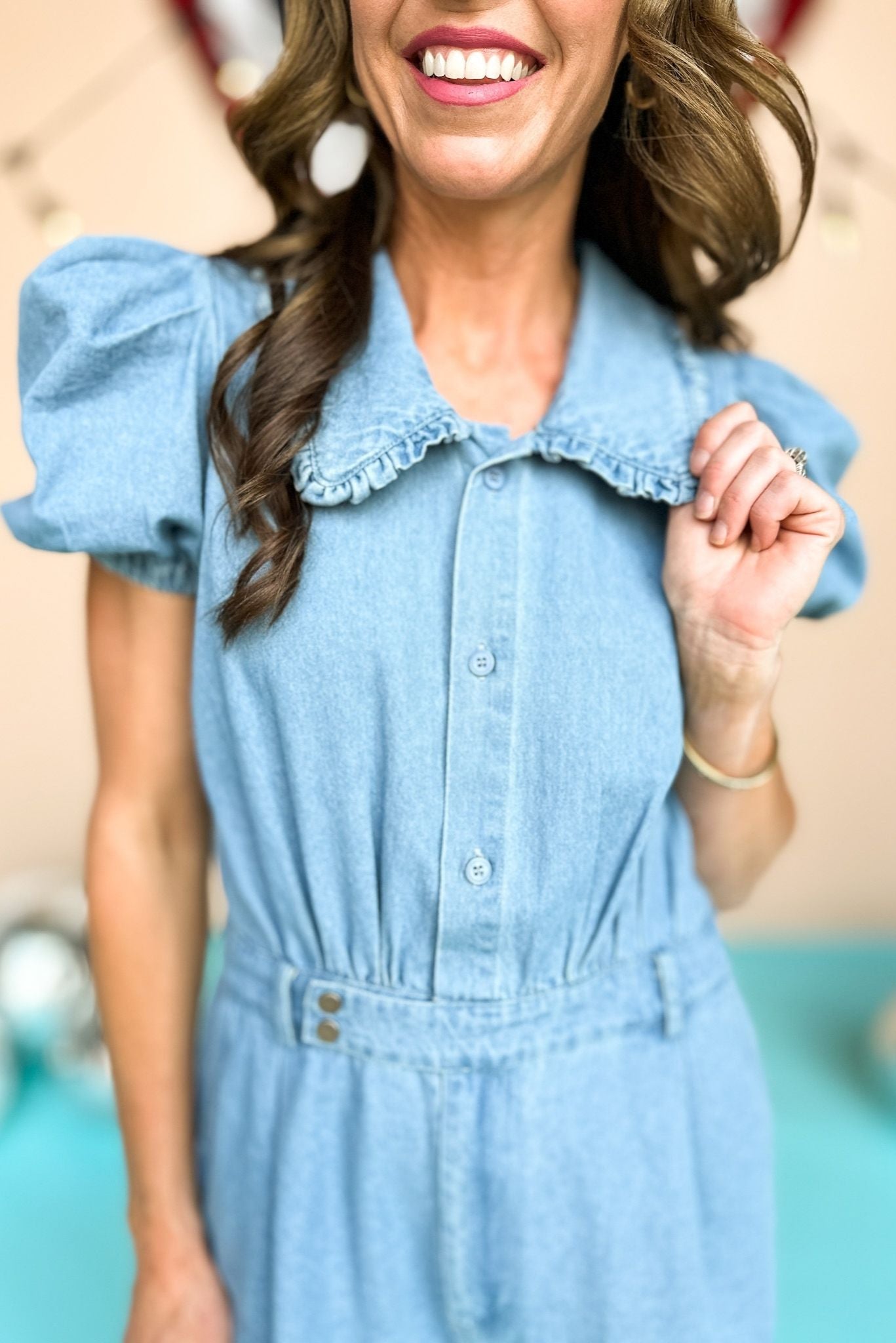 Light Denim Washed Puff Sleeve Ruffled Collared Romper, Denim romper, Summer Style, Mom Style, Shop Style Your Senses by Mallory Fitzsimmons
