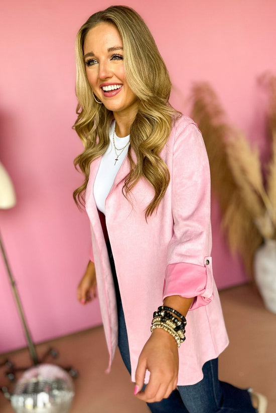 Load image into Gallery viewer, Pink Faux Suede Lapel Detail Jacket, elevated style, elevated look, must have jacket, must have style, must have fall, fall style, fall jacket, mom style, office style, shop style your senses by mallory fitzsimmons
