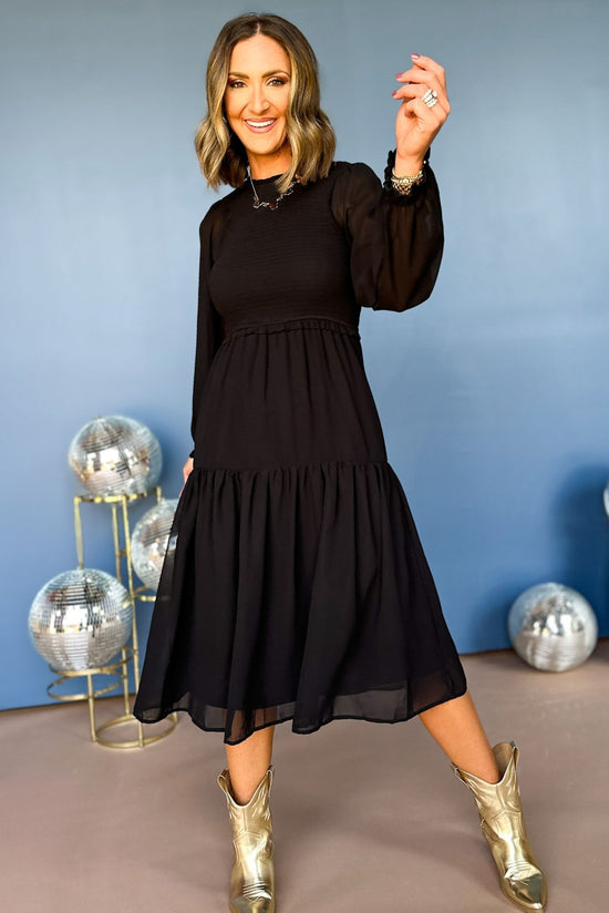Load image into Gallery viewer, Black Smocked Bodice Tiered Long Sleeve Midi Dress, must have dress, must have fall, fall style, fall dress, elevated style, chic style, mom style, shop style your senses by mallory fitzsimmons
