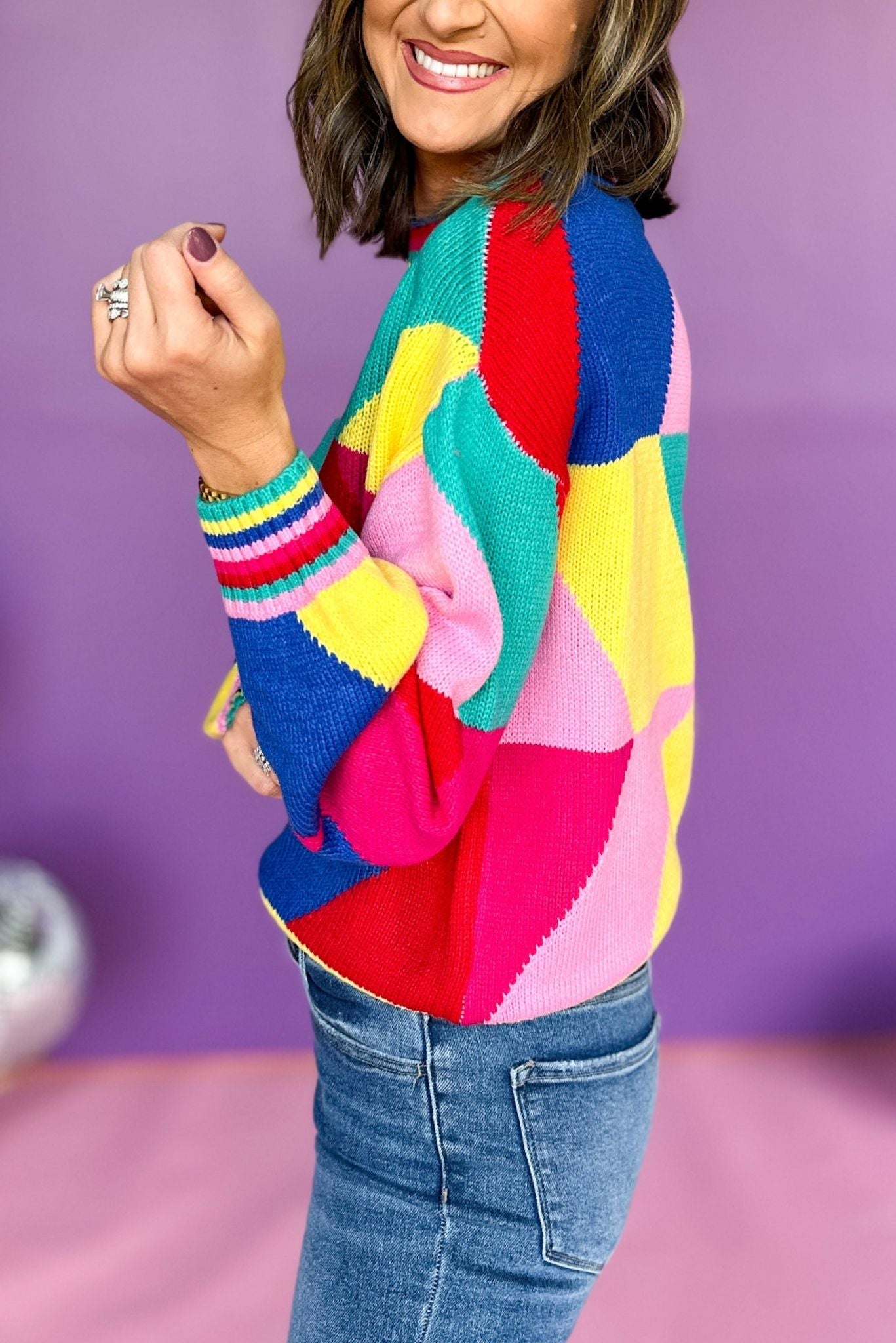 Load image into Gallery viewer, Pink Geometric Printed Drop Shoulder Sweater, elevated style, elevated sweater, printed sweater, must ahev print, must have sweater, fall style, fall sweater, fun mom style, fun mom sweater, shop style your senses by mallory fitzsimmons

