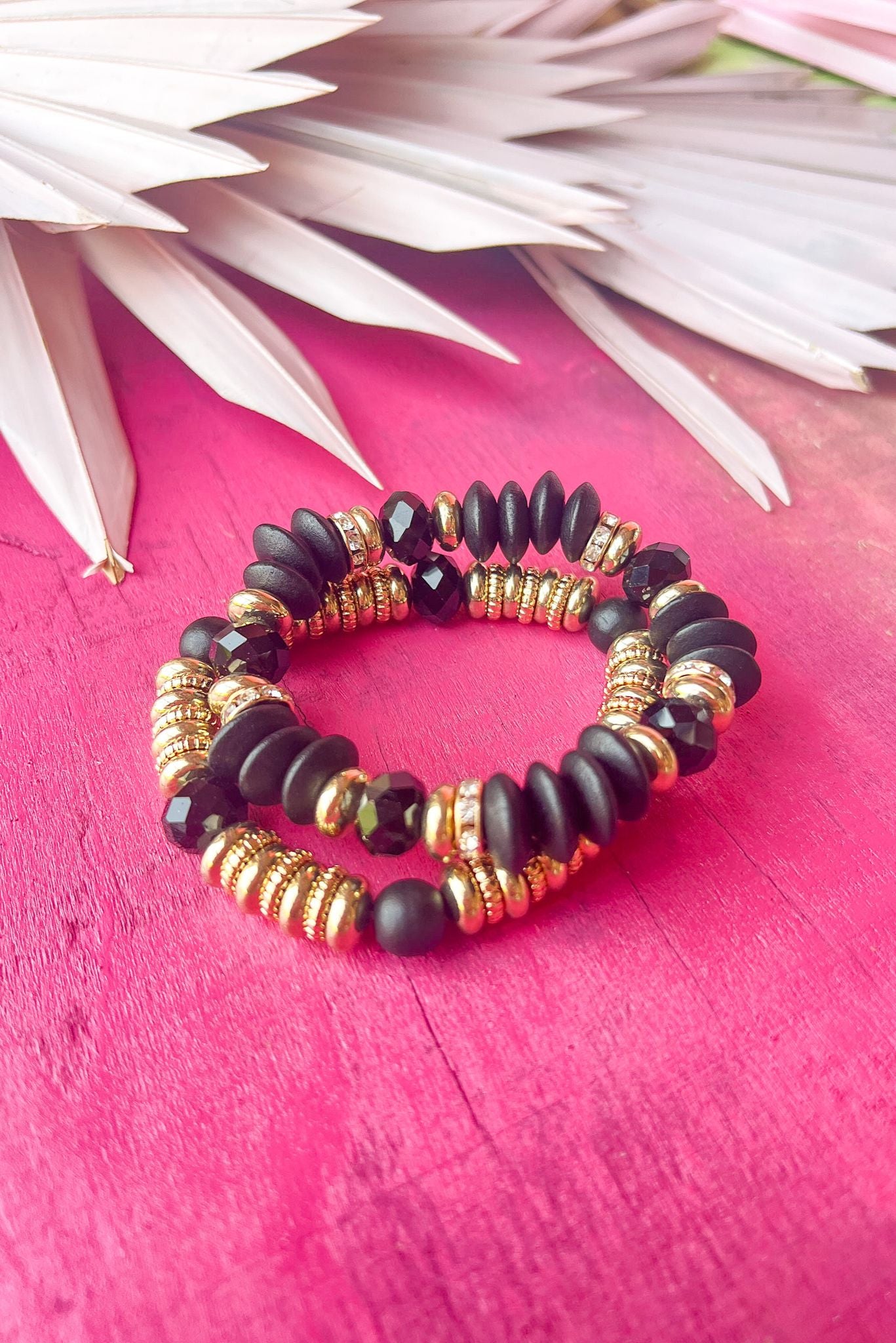 Black Gold Wooden Beaded Stretch Bracelet Stack, accessories, bracelets, shop style your senses by mallory fitzsimmons
