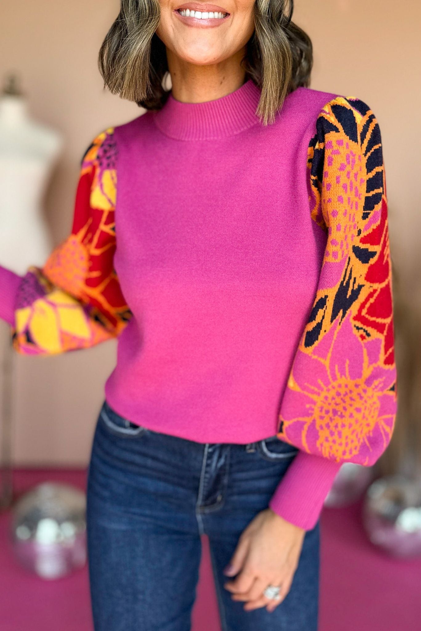 Load image into Gallery viewer, Pink Flower Printed Peasant Sleeve Pullover, elevated style, elevated sweater, floral sweater, floral print, statement sleeve, fall style, fall fashion, fall sweater, mom style, shop style your senses by mallory fitzsimmons

