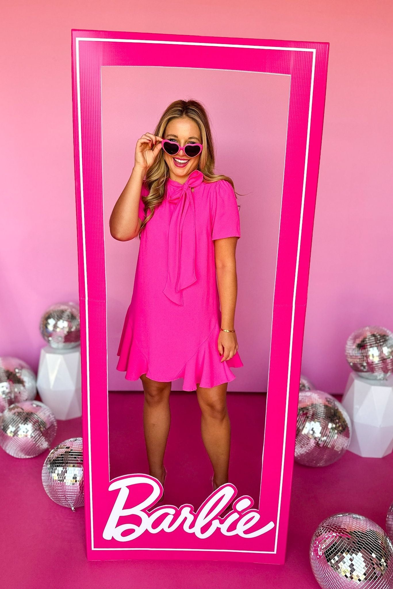 Load image into Gallery viewer, Pink Neck Short Sleeve Trumpet Skirted Dress, office dress, barbie pink, elevated style, shop style your senses by mallory fitzsimmons
