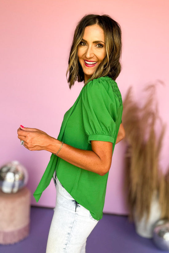 Load image into Gallery viewer, kelly green ribbon tie neck short sleeve top, work to weekend, summer staple, lightweight, easy to wear, mom style, pair with denim, functional ties, shop style your senses by mallory fitzsimmons
