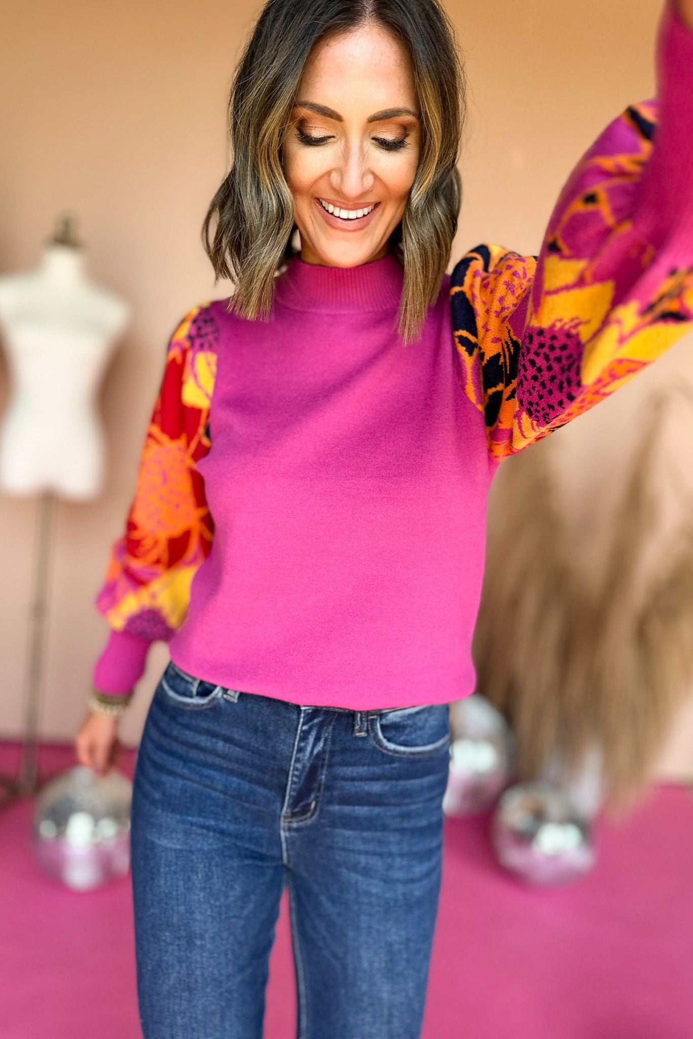 Load image into Gallery viewer, Pink Flower Printed Peasant Sleeve Pullover, elevated style, elevated sweater, floral sweater, floral print, statement sleeve, fall style, fall fashion, fall sweater, mom style, shop style your senses by mallory fitzsimmons
