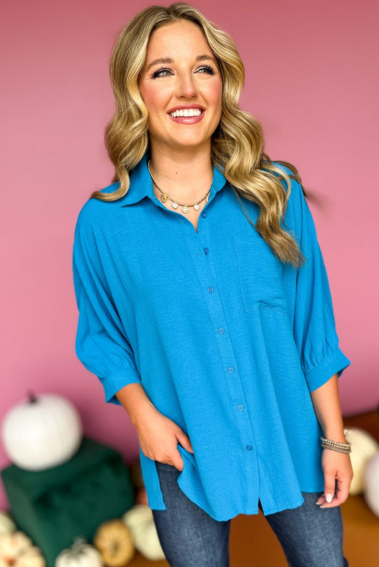 Load image into Gallery viewer, Blue Button Front Pocket Detail Dolman Sleeve Top, must have top, must have style, must have fall, fall collection, fall fashion, elevated style, elevated top, mom style, fall style, shop style your senses by mallory fitzsimmons
