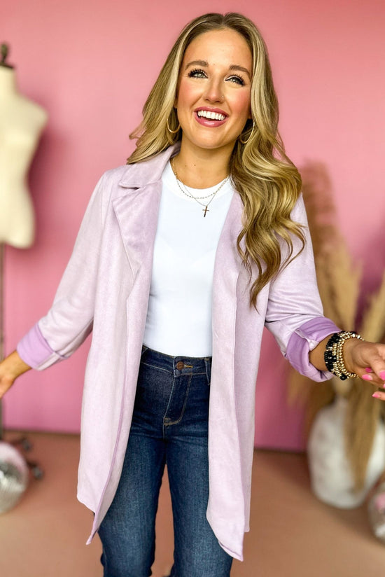 Load image into Gallery viewer, Lilac Faux Suede Lapel Detail Jacket, elevated style, elevated look, must have jacket, must have style, must have fall, fall style, fall jacket, mom style, office style, shop style your senses by mallory fitzsimmons

