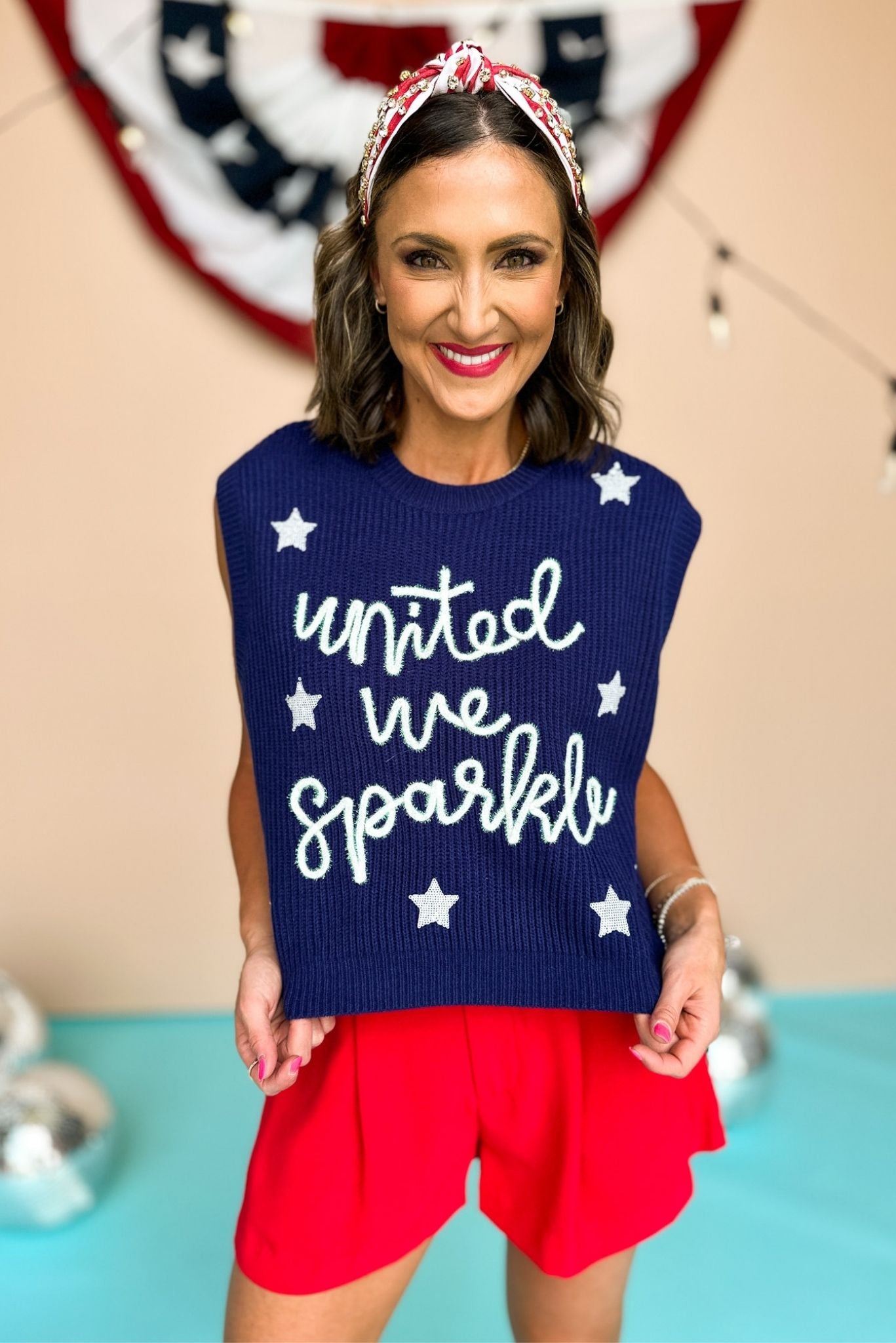Queen Of Sparkles Royal Blue United We Sparkle Sweater Vest, Queen of Sparkles, Fourth of July, Sweater Vest, Summer Style, Mom Style, Shop Style Your Senses by Mallory Fitzsimmons