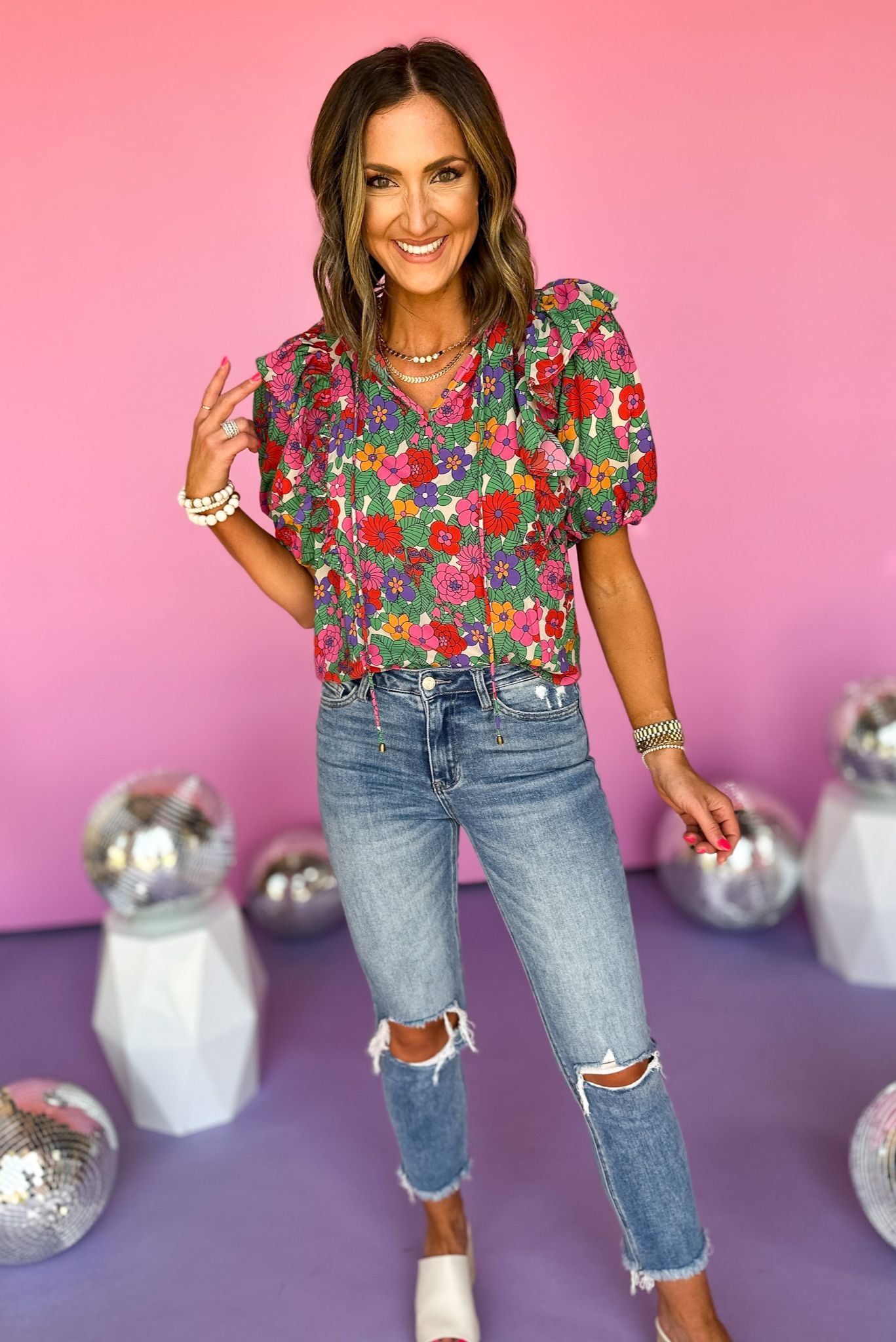 Load image into Gallery viewer, Pink Floral Printed Frilled Tie V Neck Ruffled Shoulder Top, floral top, printed top, summer to fall, must have style, elevated style, mom style, shop style your senses by mallory fitzsimmons
